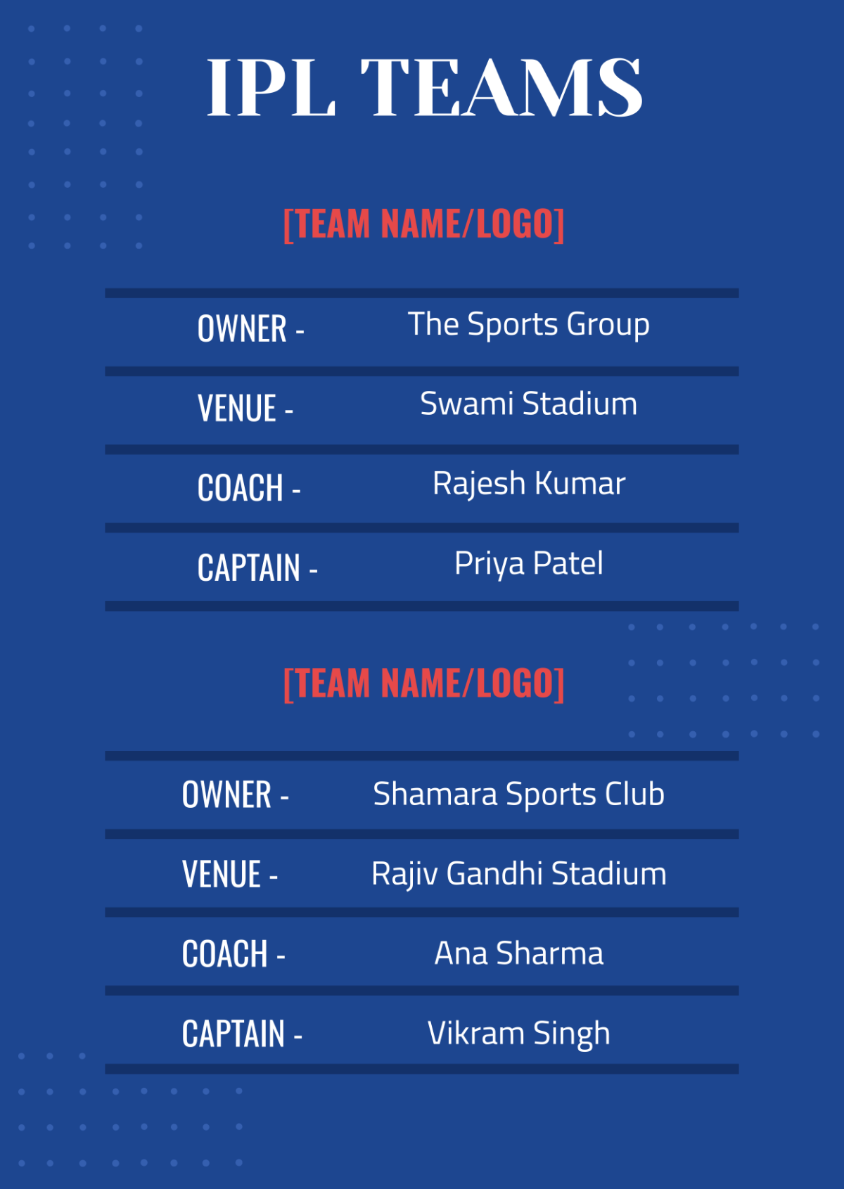 IPL Team List Template