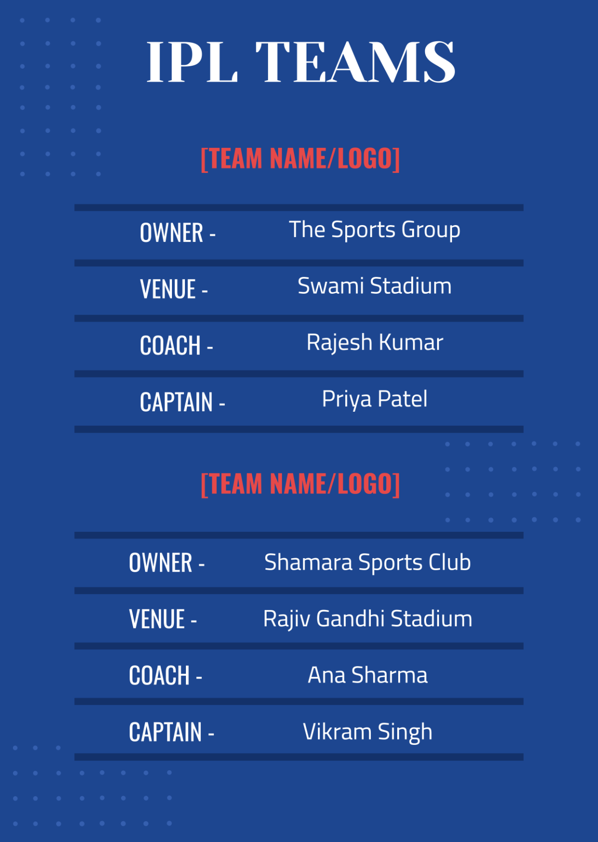 Free IPL Team List Template - Edit Online & Download | Template.net