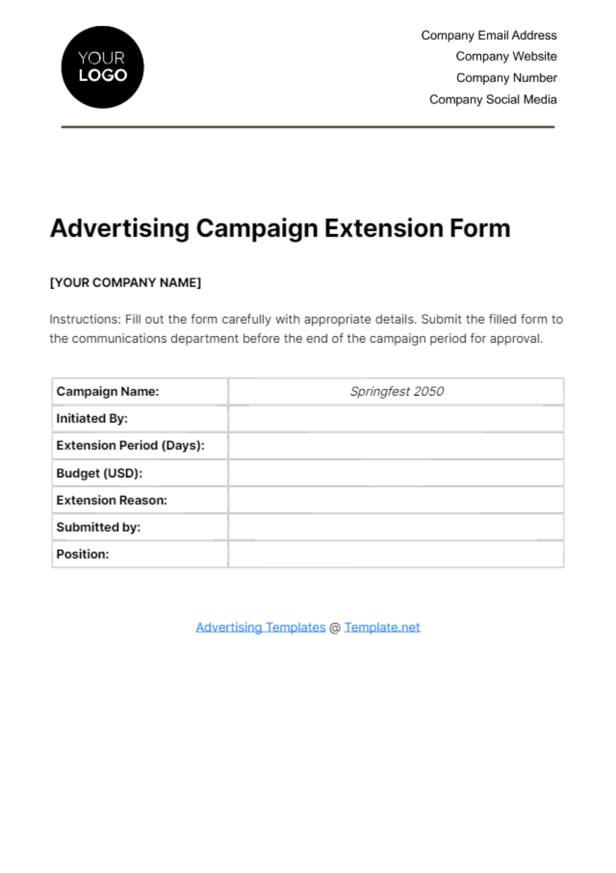 Free Advertising Campaign Extension Form Template