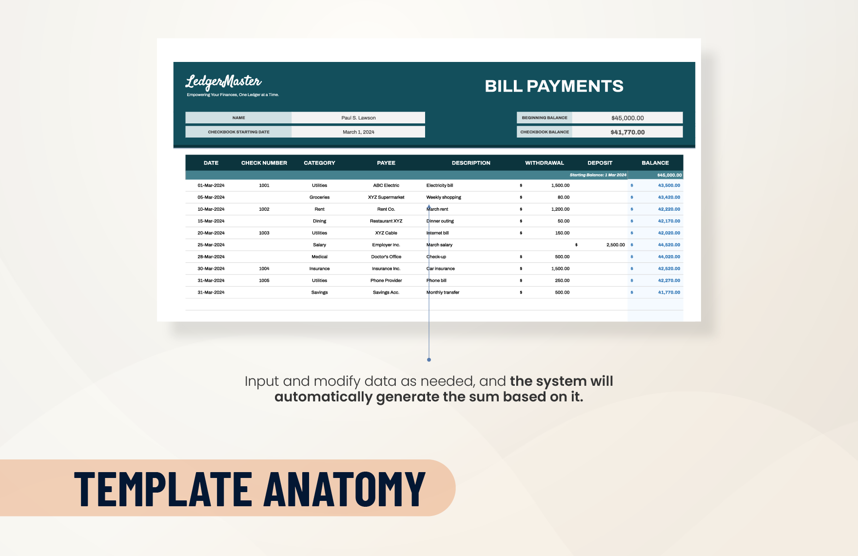 Check Register for Bill Payments Template