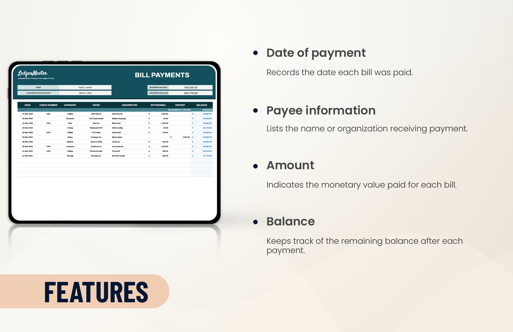 Check Register for Bill Payments Template