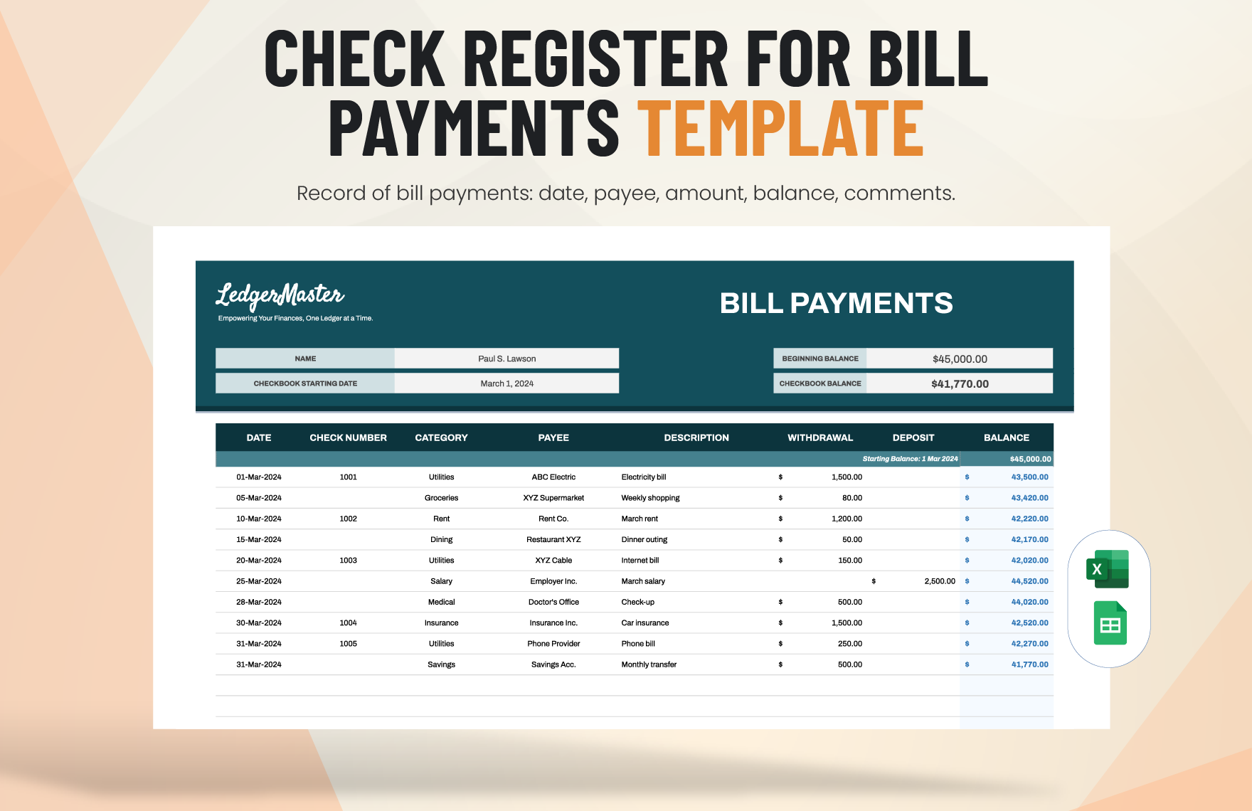 Check Register for Bill Payments Template in Excel, Google Sheets