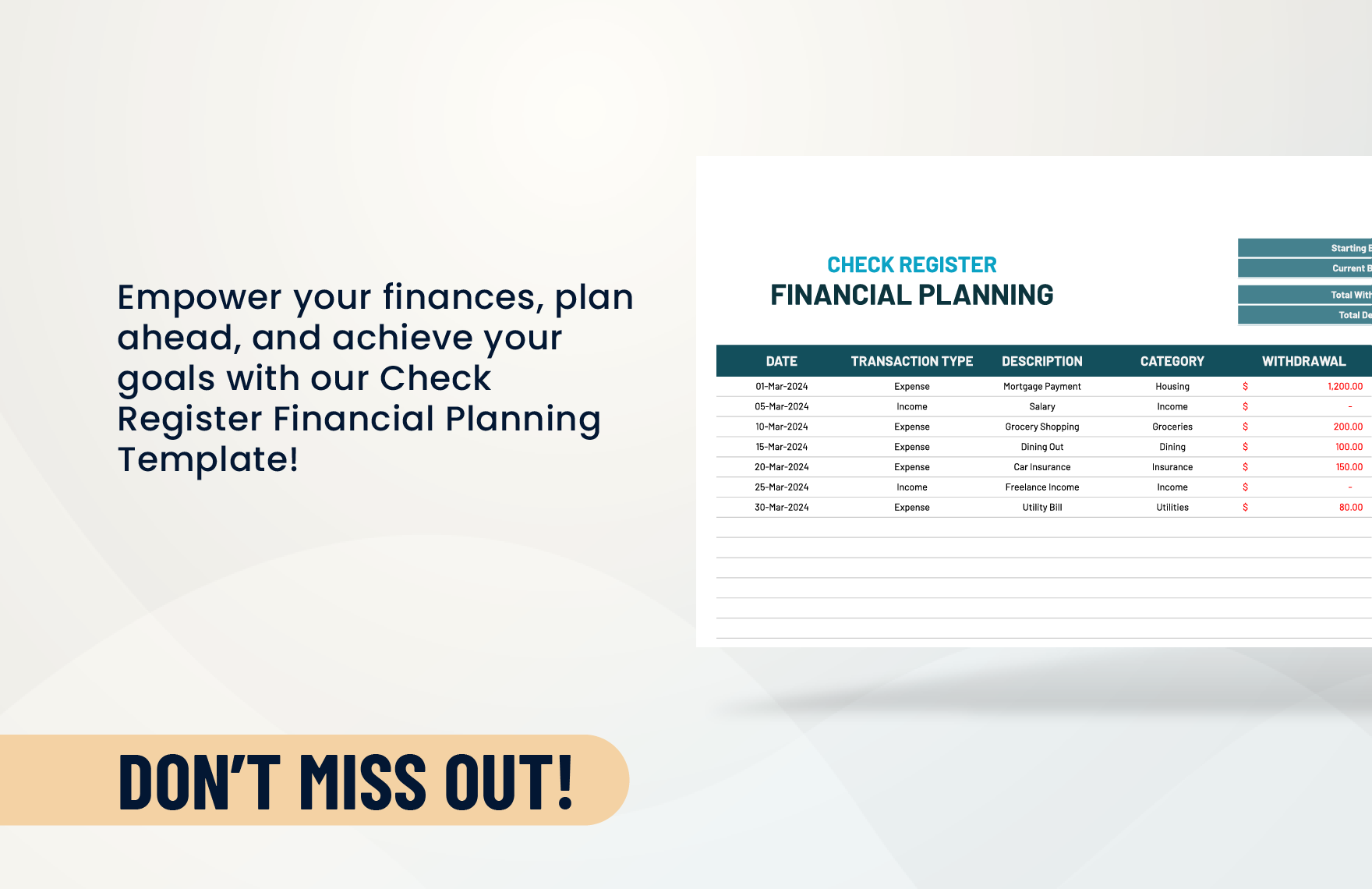 Check Register for Financial Planning Template