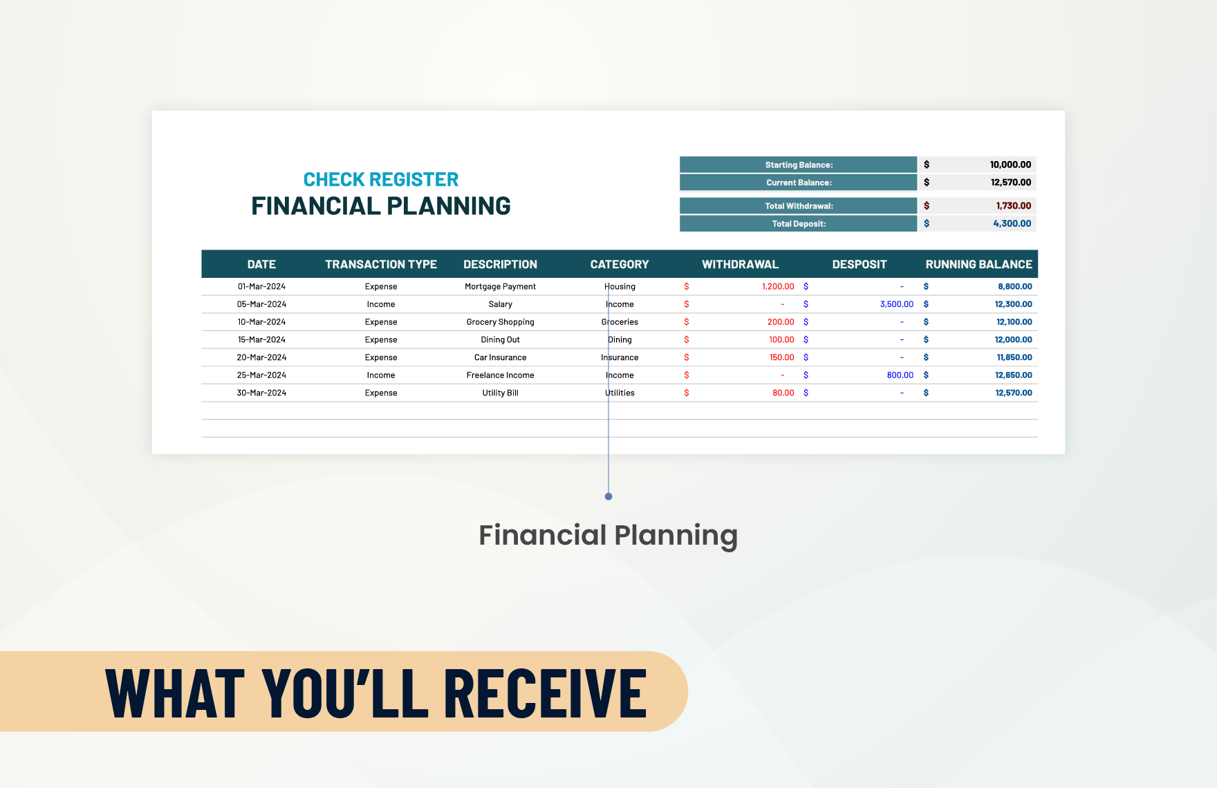 Check Register for Financial Planning Template