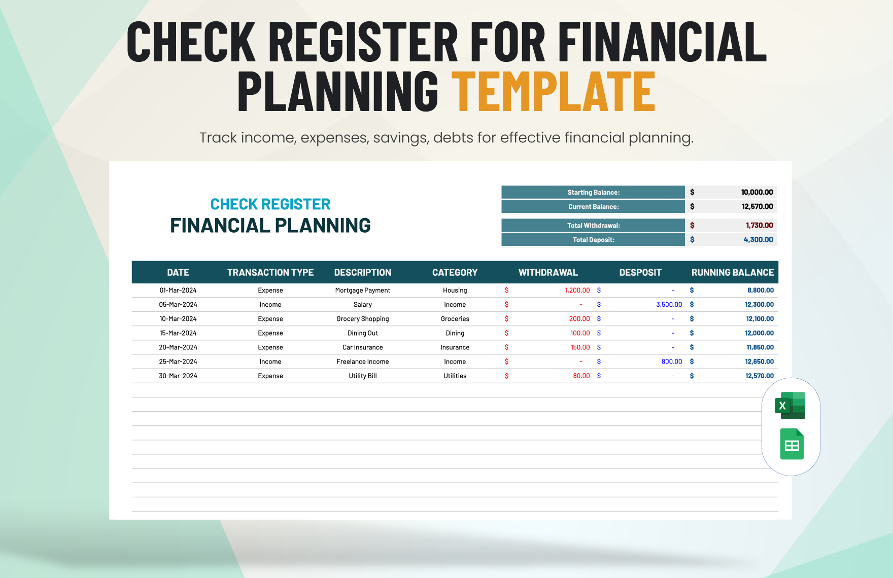 Check Register for Financial Planning Template in Excel, Google Sheets