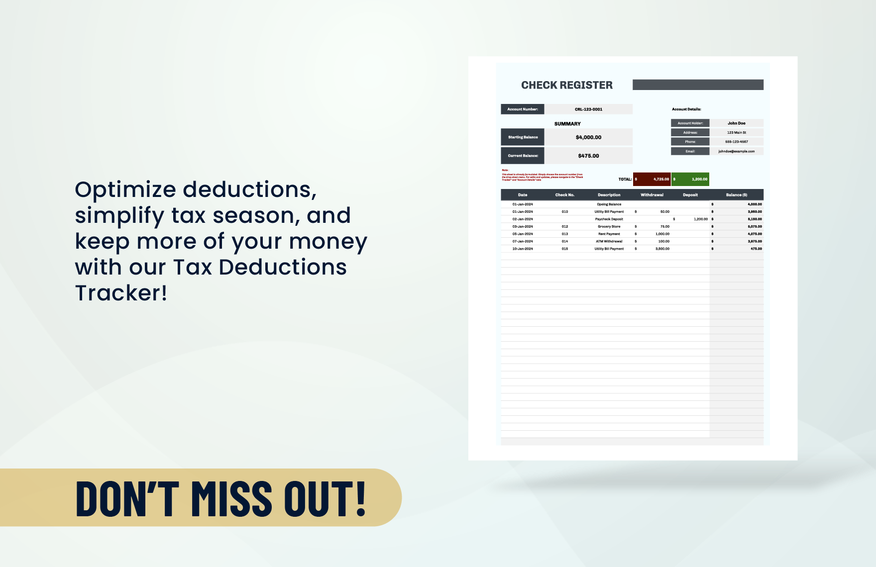 Check Register for Tax Deductions Template