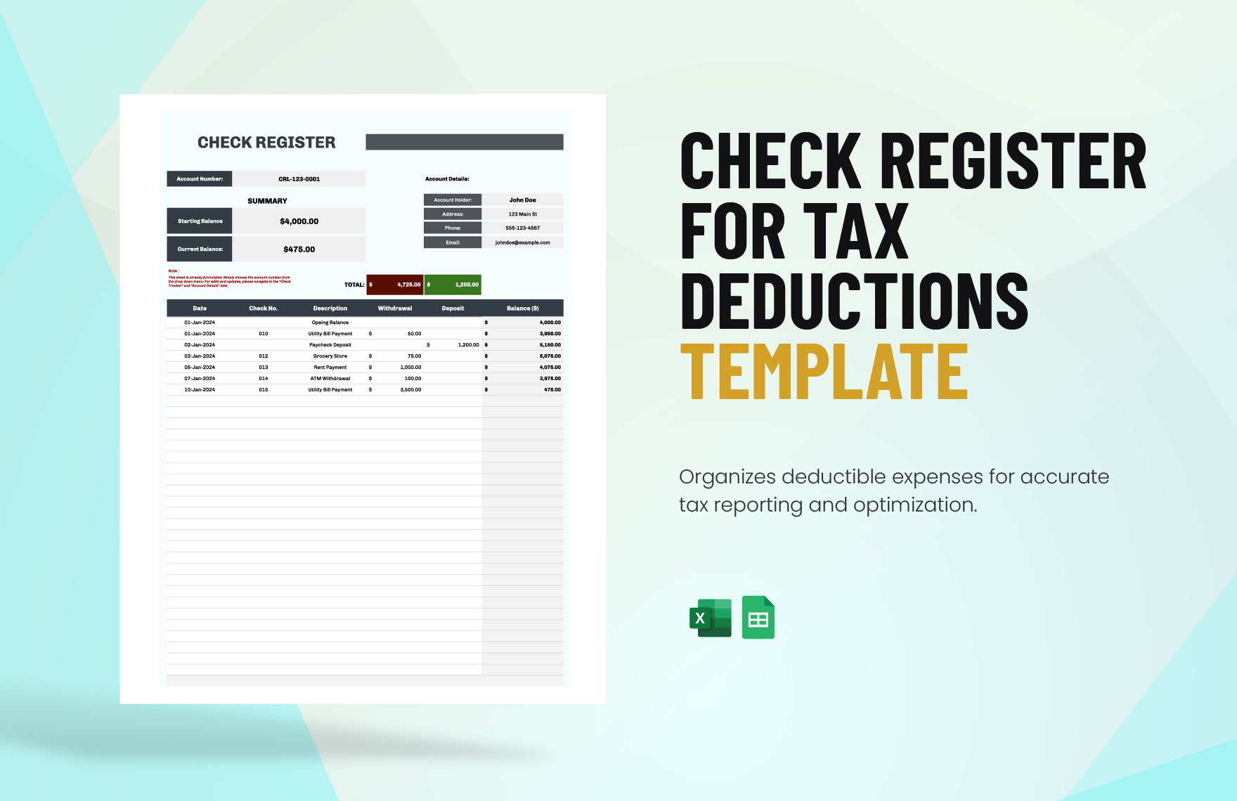 Check Register for Tax Deductions Template in Excel, Google Sheets