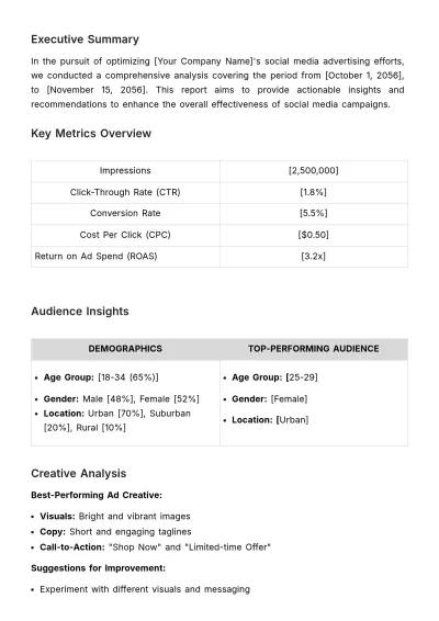 Free Social Media Advertising Analytics Report Template to Edit Online