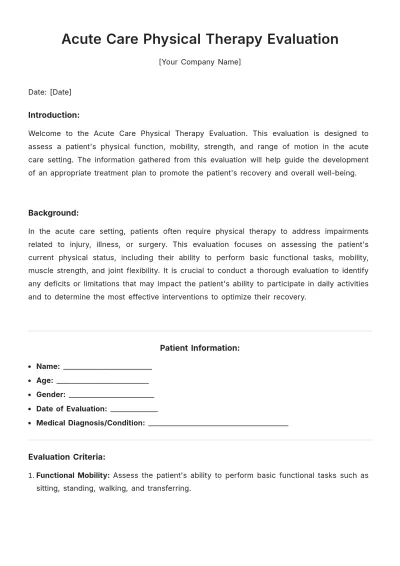 Free Acute Care Physical Therapy Evaluation Template to Edit Online