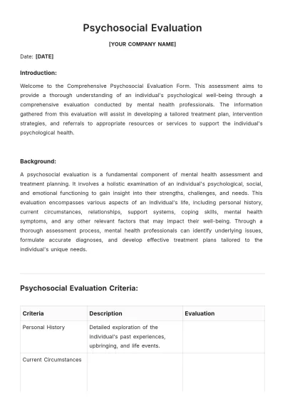 Free Psychosocial Evaluation Template to Edit Online