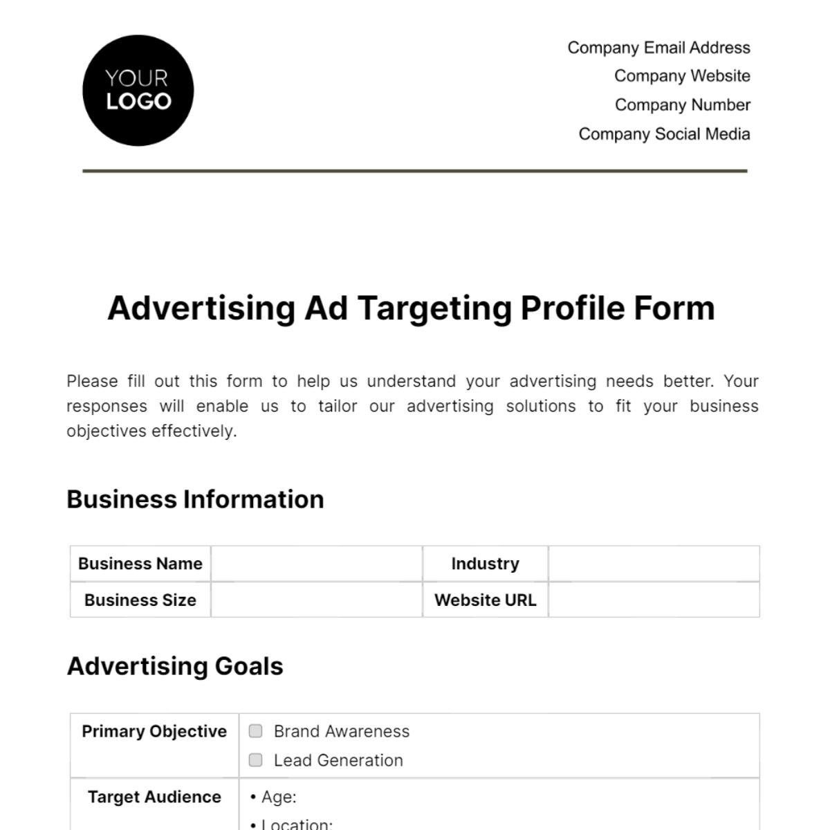 Free Advertising Ad Targeting Profile Form Template