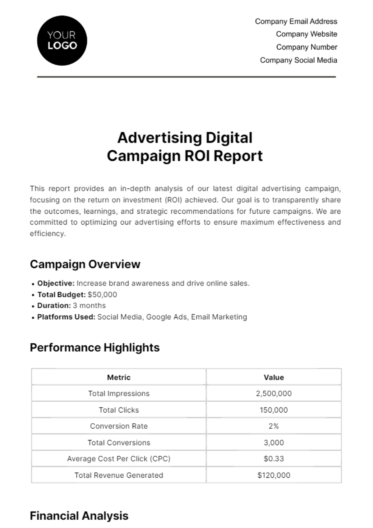 Advertising Digital Campaign ROI Report Template