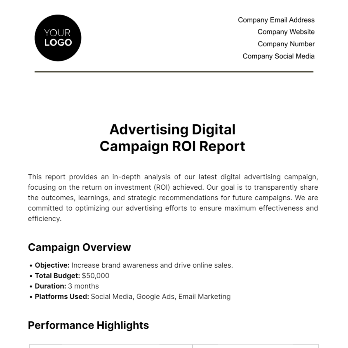 Advertising Digital Campaign ROI Report Template