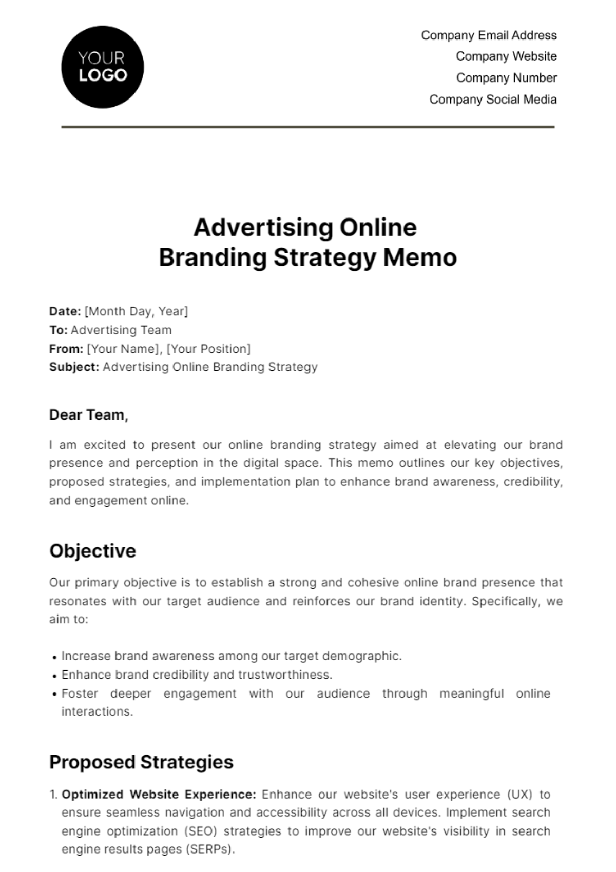 Free Advertising Online Branding Strategy Memo Template