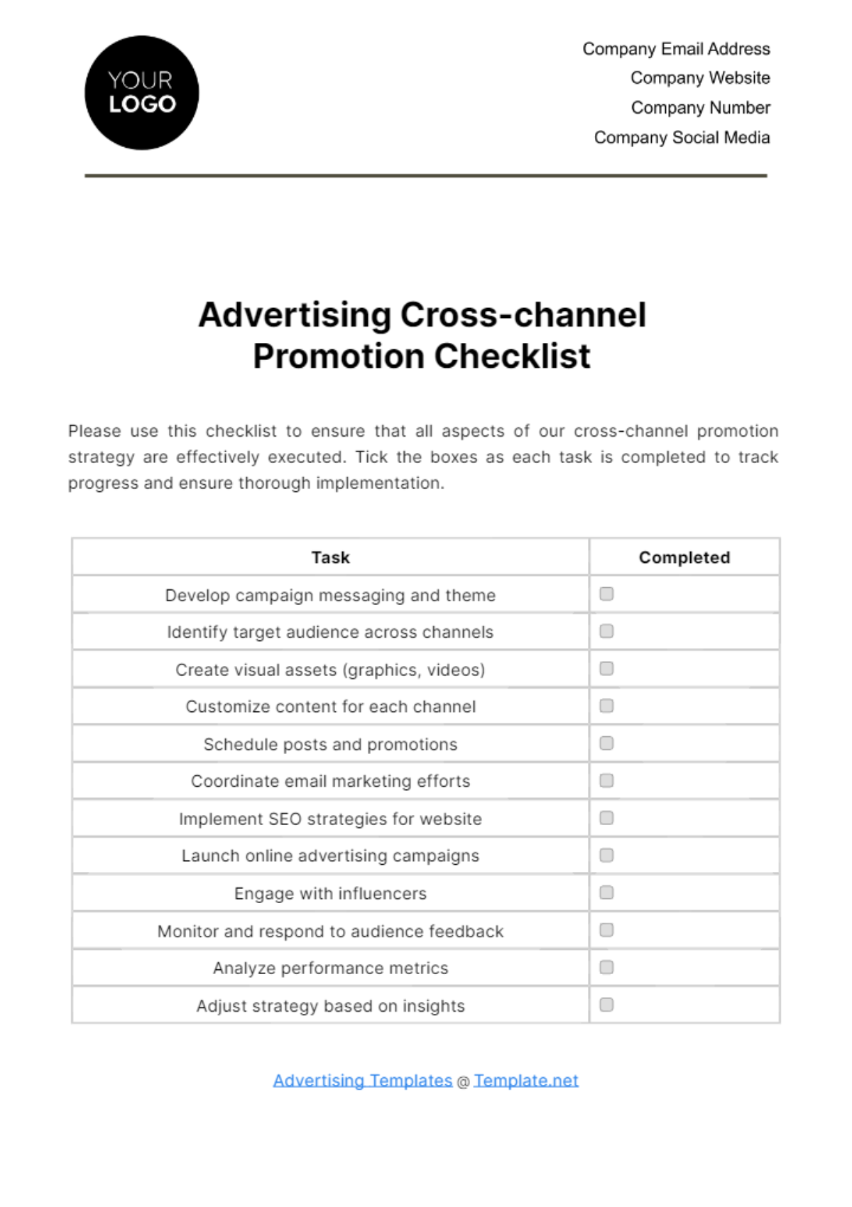 Free Advertising Cross-channel Promotion Checklist Template