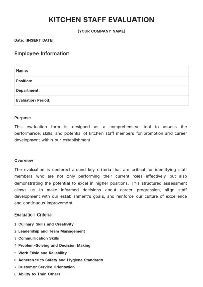 Free Kitchen Staff Evaluation Template to Edit Online