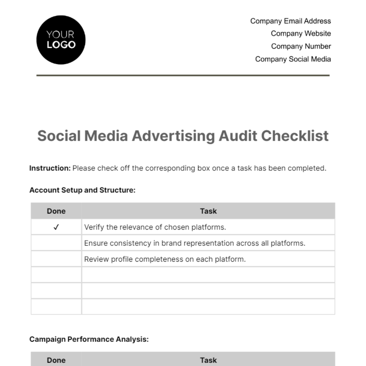 Social Media Advertising Audit Checklist Template