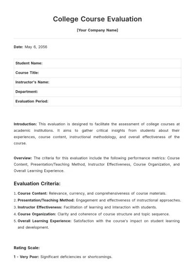 Free College Course Evaluation Template to Edit Online