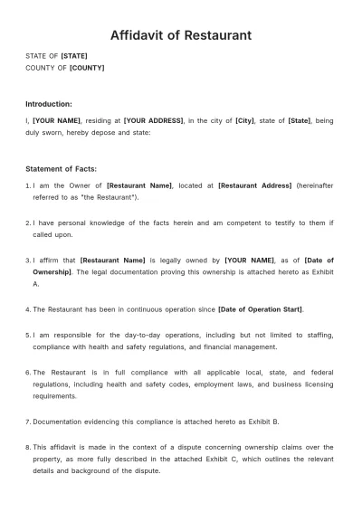 Free Affidavit of Restaurant Template to Edit Online