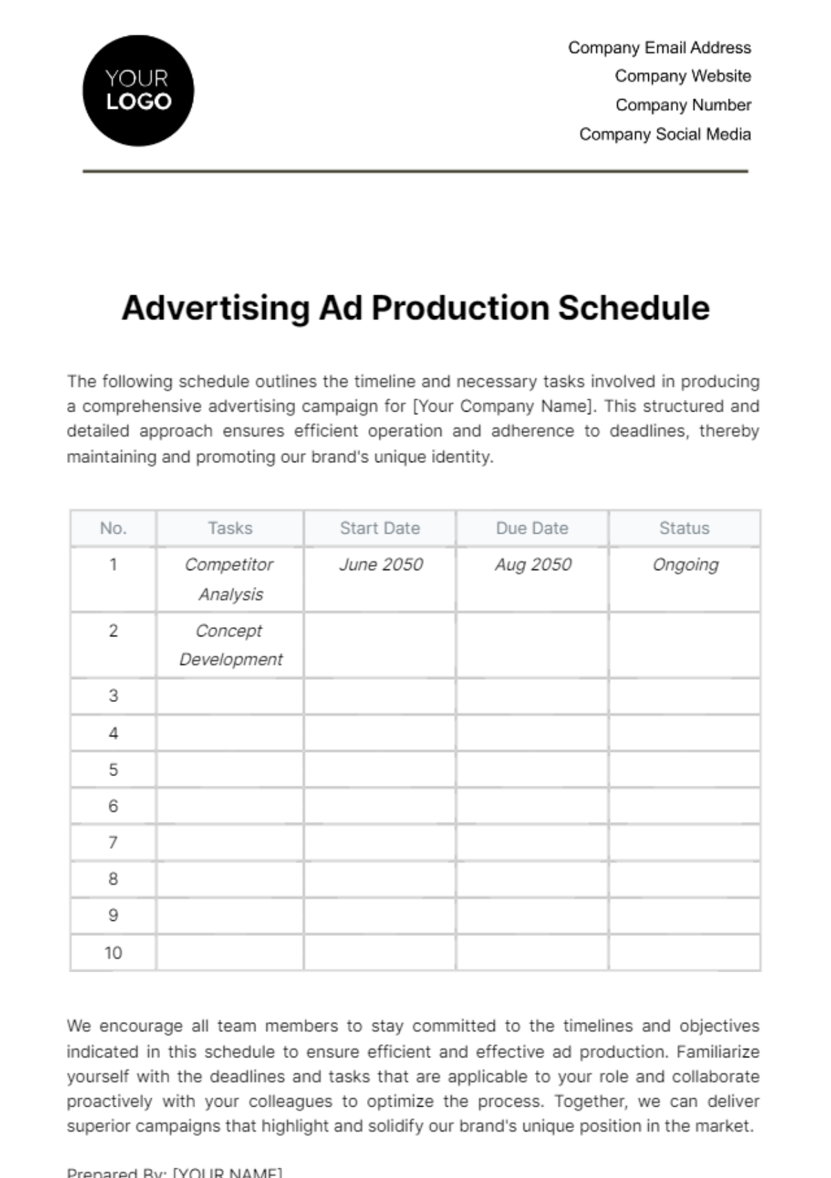 Advertising Ad Production Schedule Template