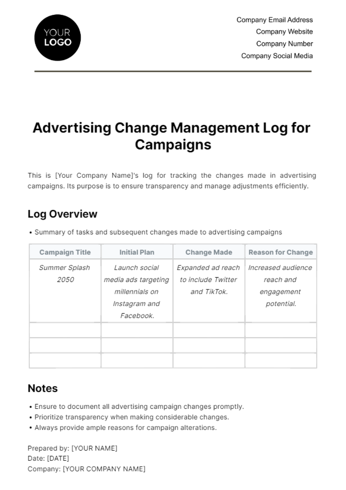 Free Advertising Change Management Log for Campaigns Template