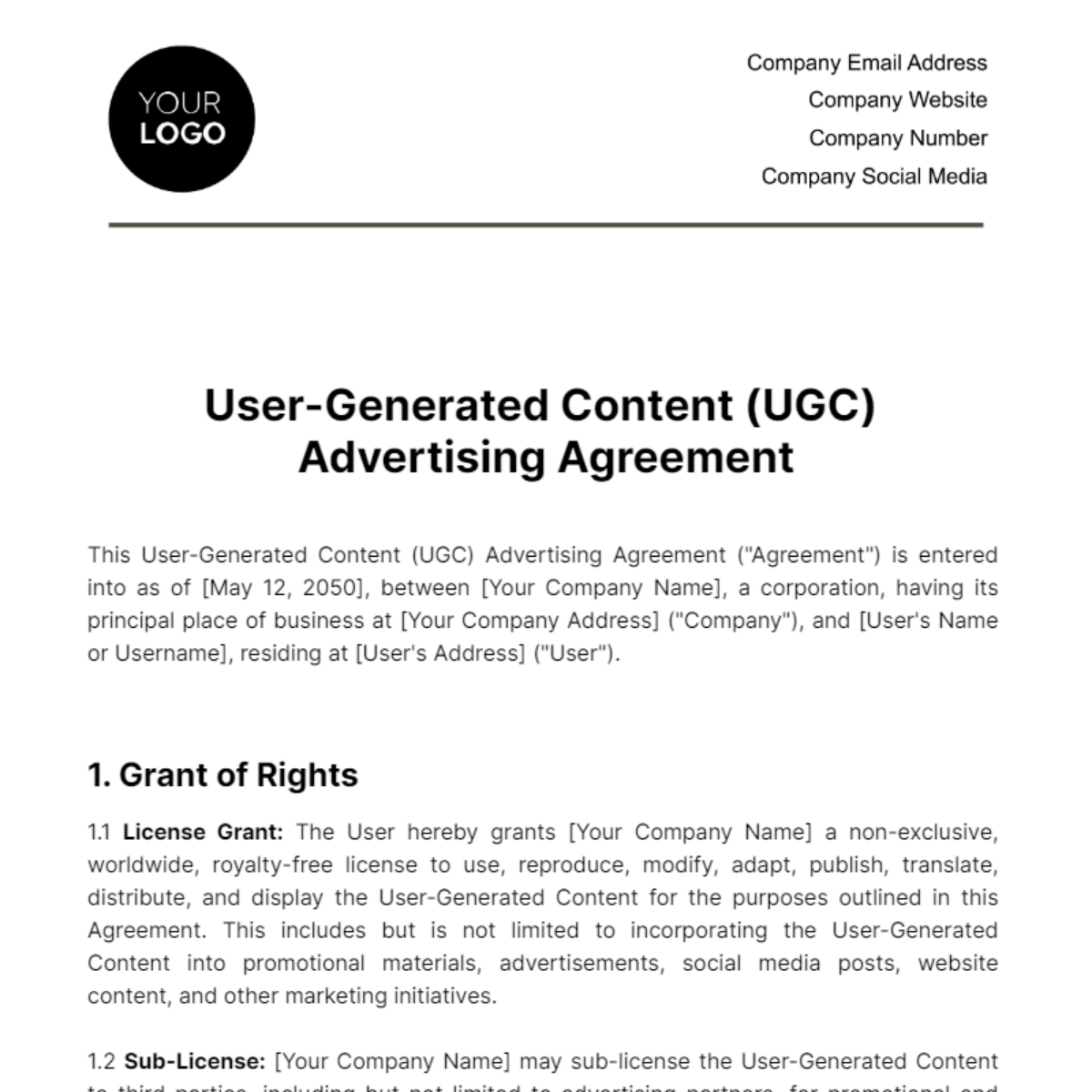 Free User-Generated Content (UGC) Advertising Agreement Template