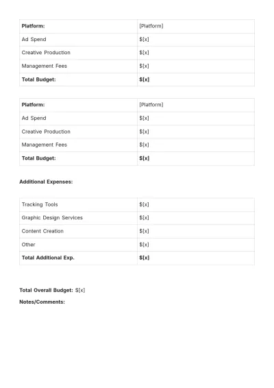 Free Social Media Advertising Budget Form Template to Edit Online