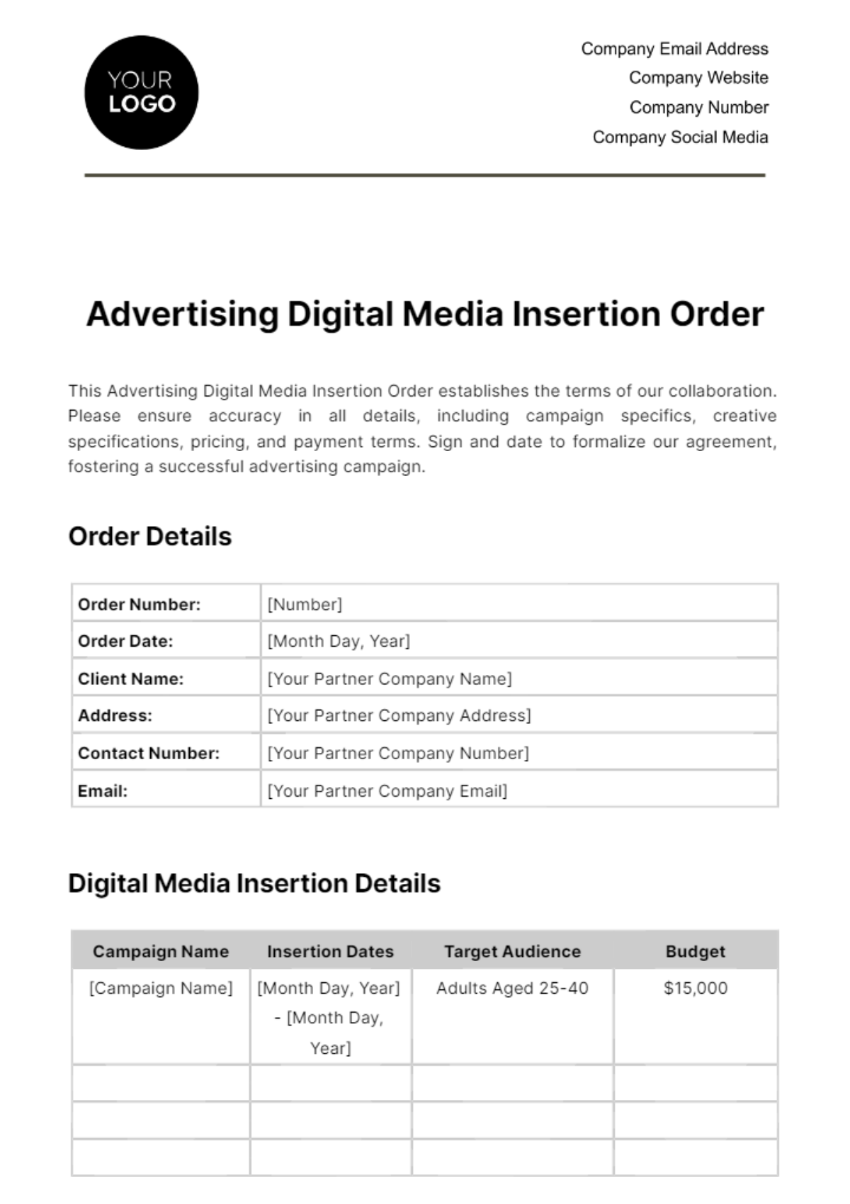 Advertising Digital Media Insertion Order Template