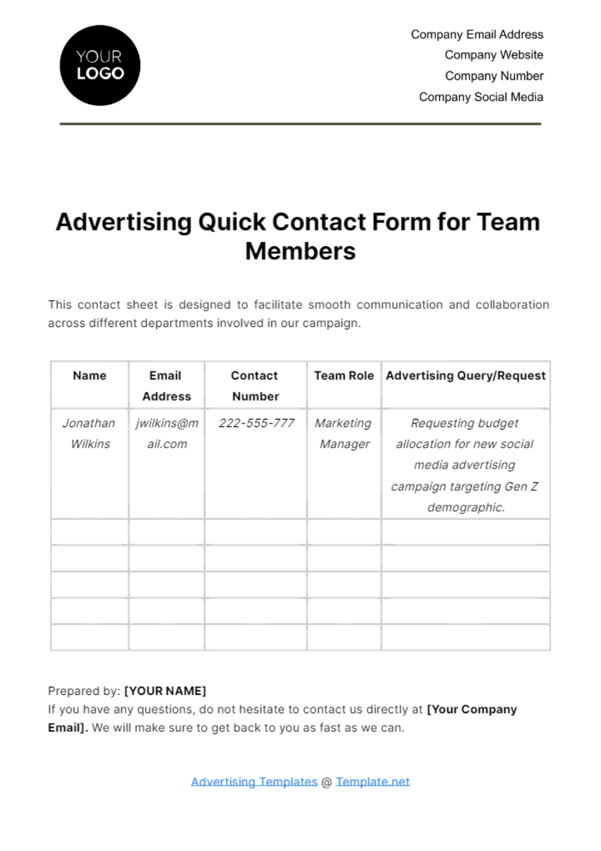 Advertising Quick Contact Form for Team Members Template