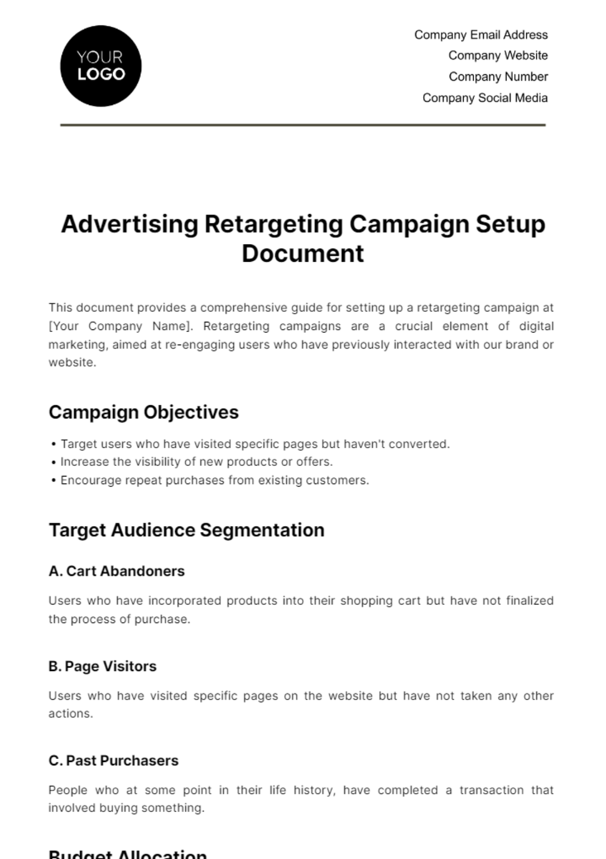 Free Advertising Retargeting Campaign Setup Document Template