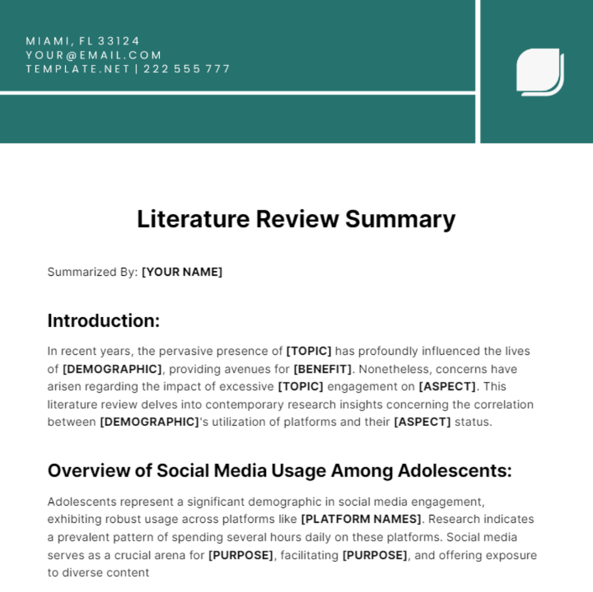 Literature Review Summary Template