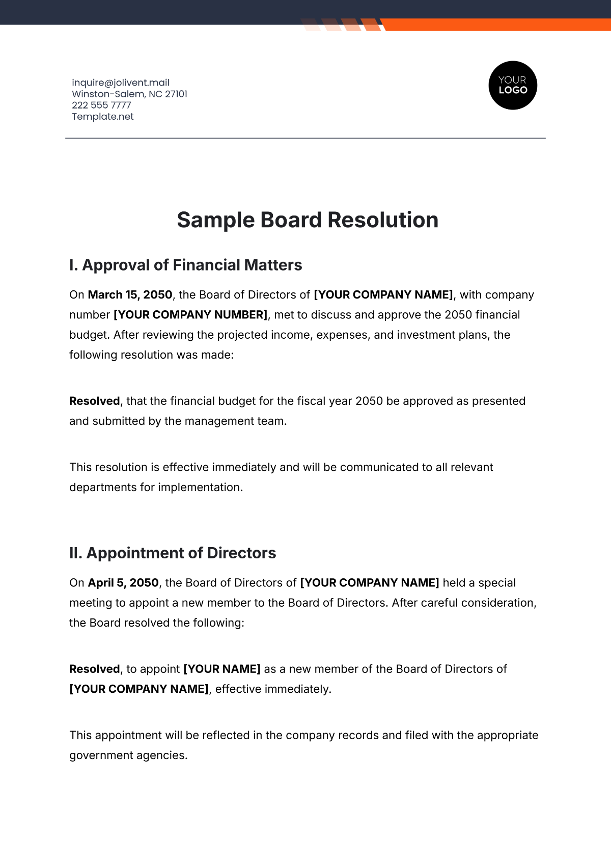 Free Sample Board Resolution Template