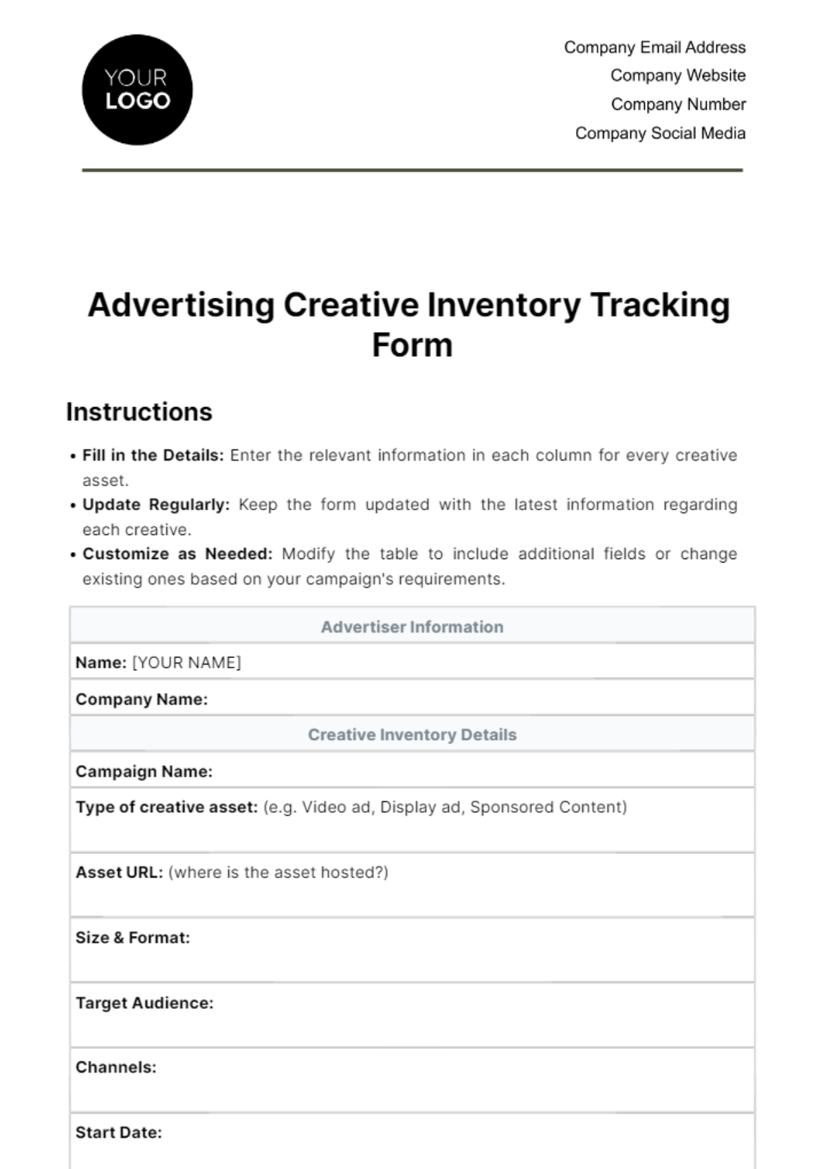 Free Advertising Creative Inventory Tracking Form Template