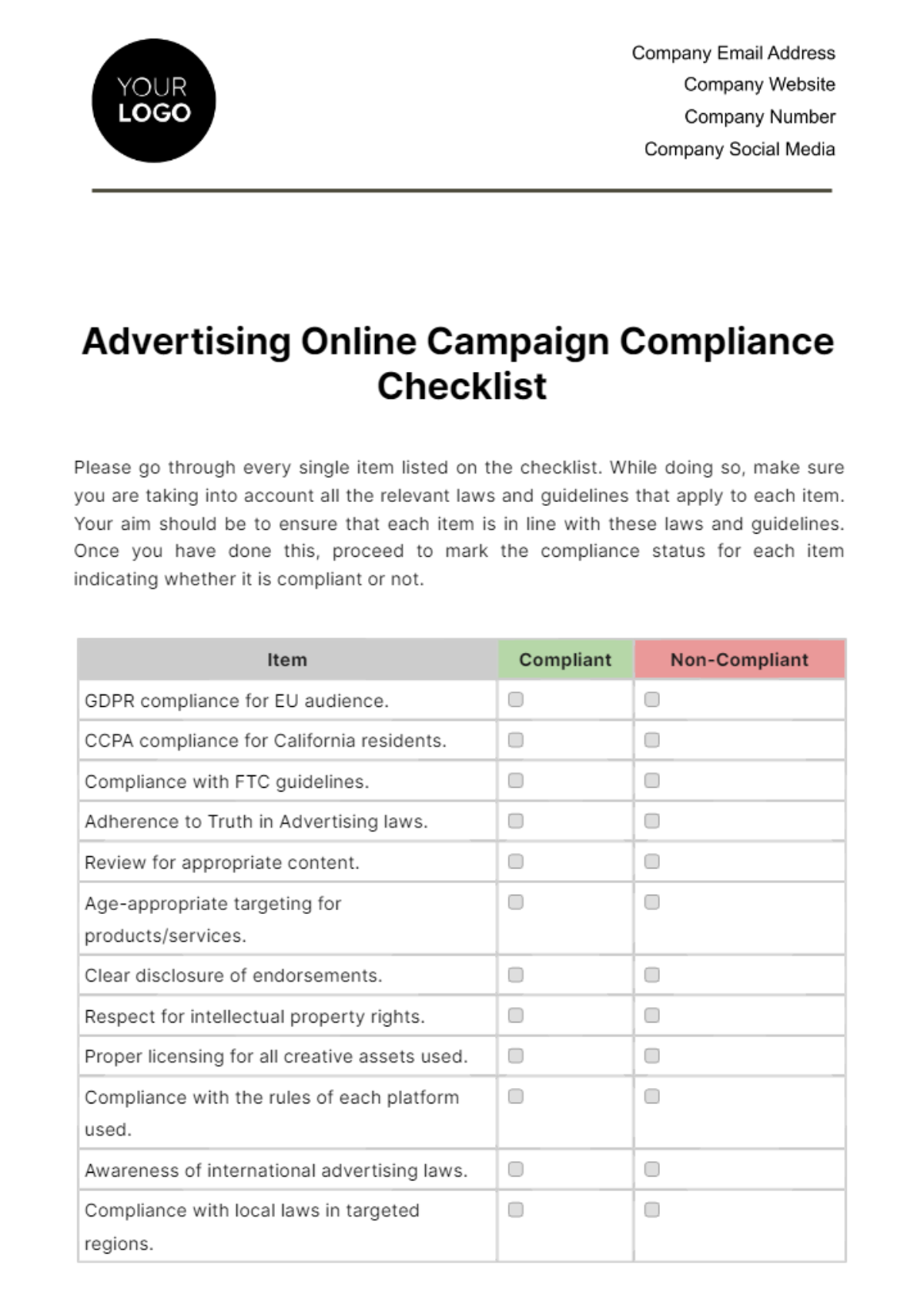 Free Advertising Online Campaign Compliance Checklist Template