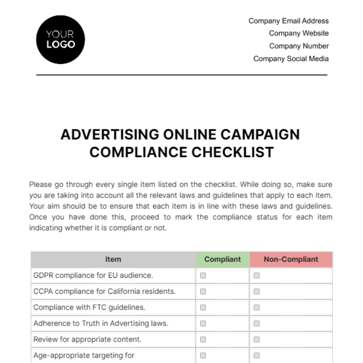 Advertising Online Campaign Compliance Checklist Template - Edit Online ...