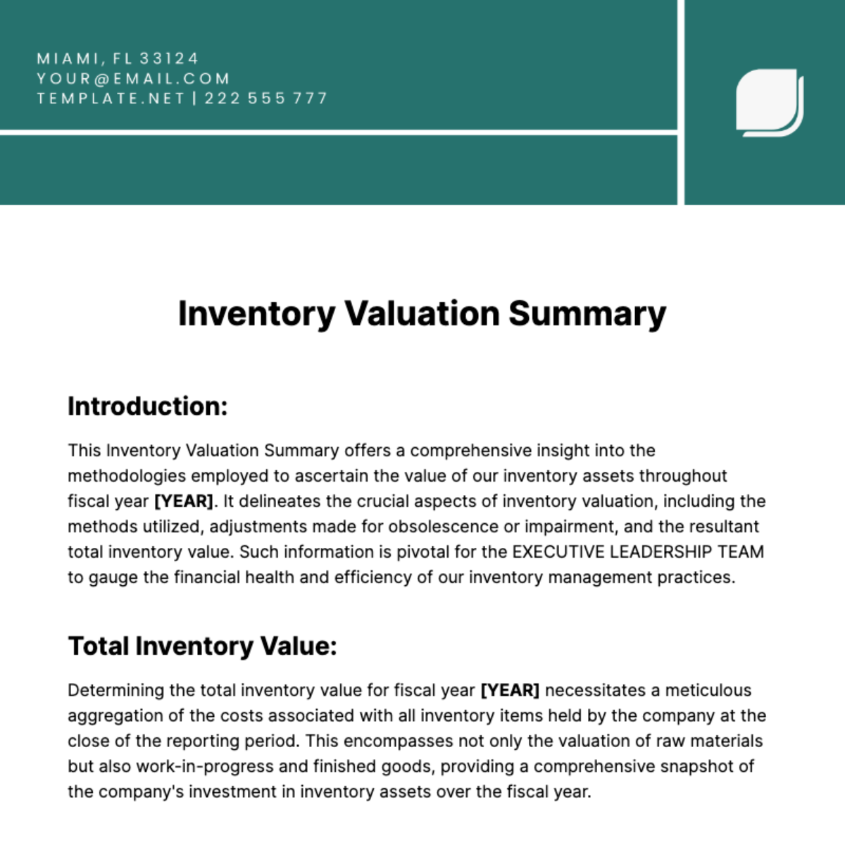 Inventory Valuation Summary Template