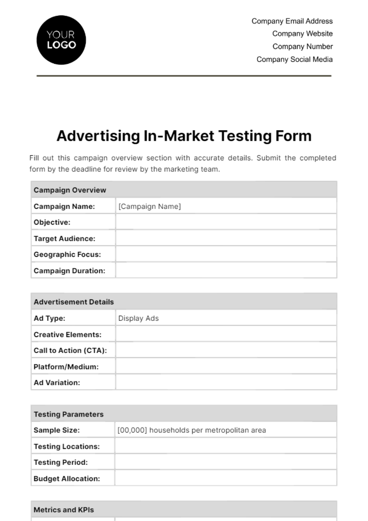 Advertising In-Market Testing Form Template