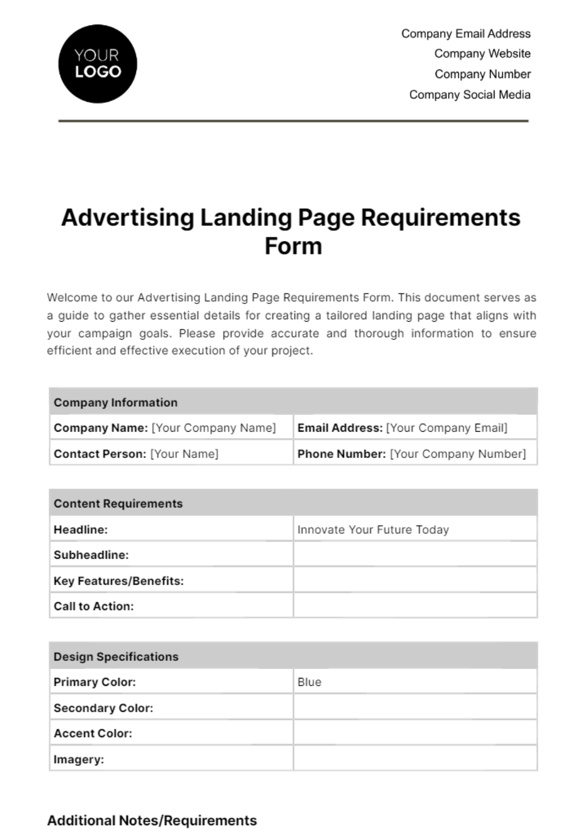 Free Advertising Landing Page Requirements Form Template