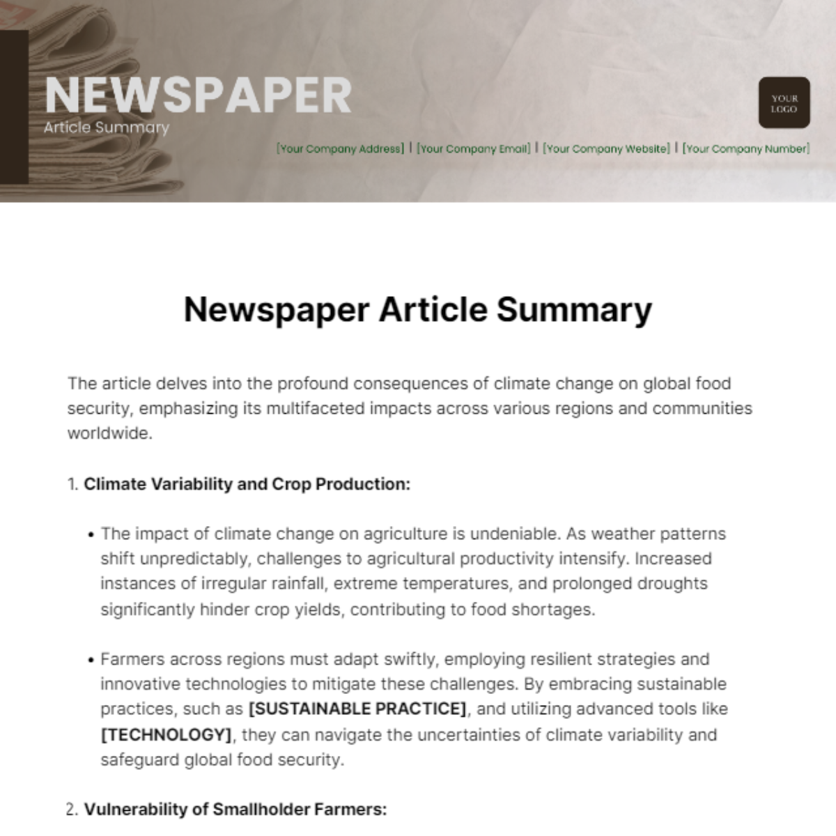 Newspaper Article Summary Template