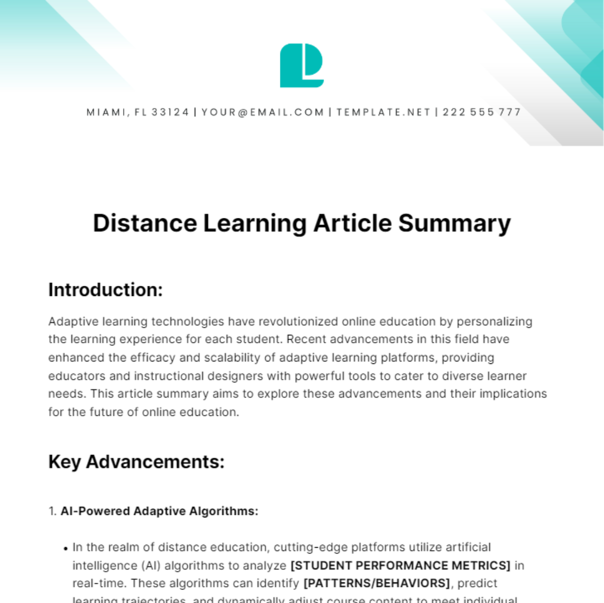 Distance Learning Article Summary Template