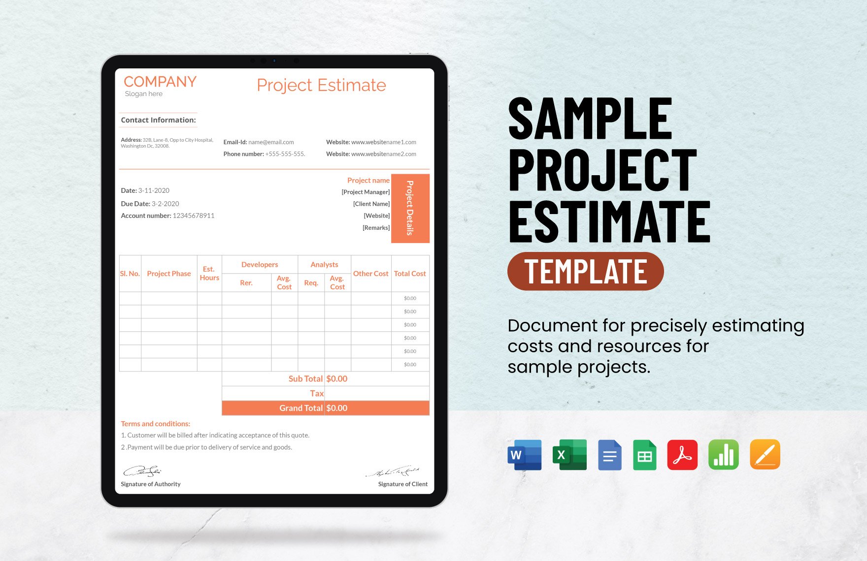 Sample Project Estimate Template in Word, Google Docs, Excel, PDF, Google Sheets, Apple Pages, Apple Numbers
