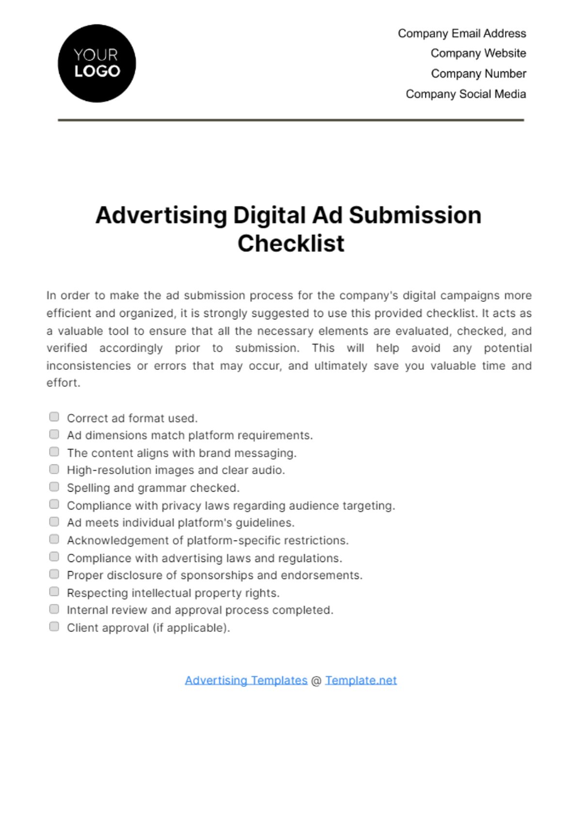 Free Advertising Digital Ad Submission Checklist Template