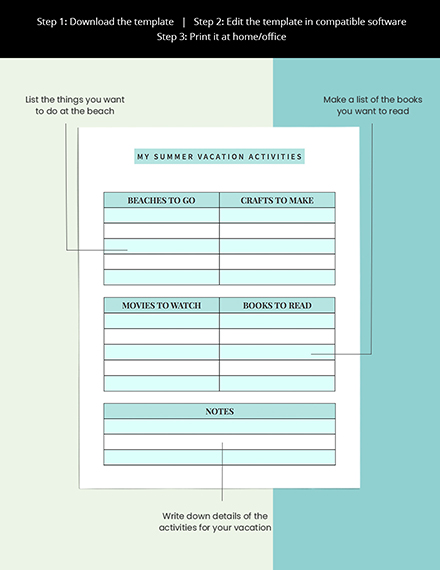 Summer Vacation Planner Template Printable