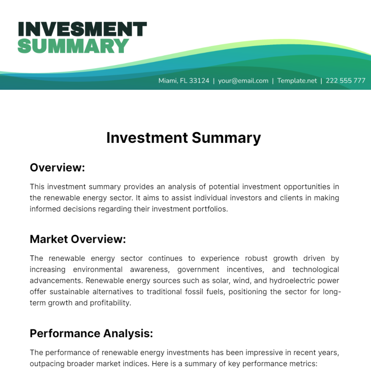 Investment Summary Template