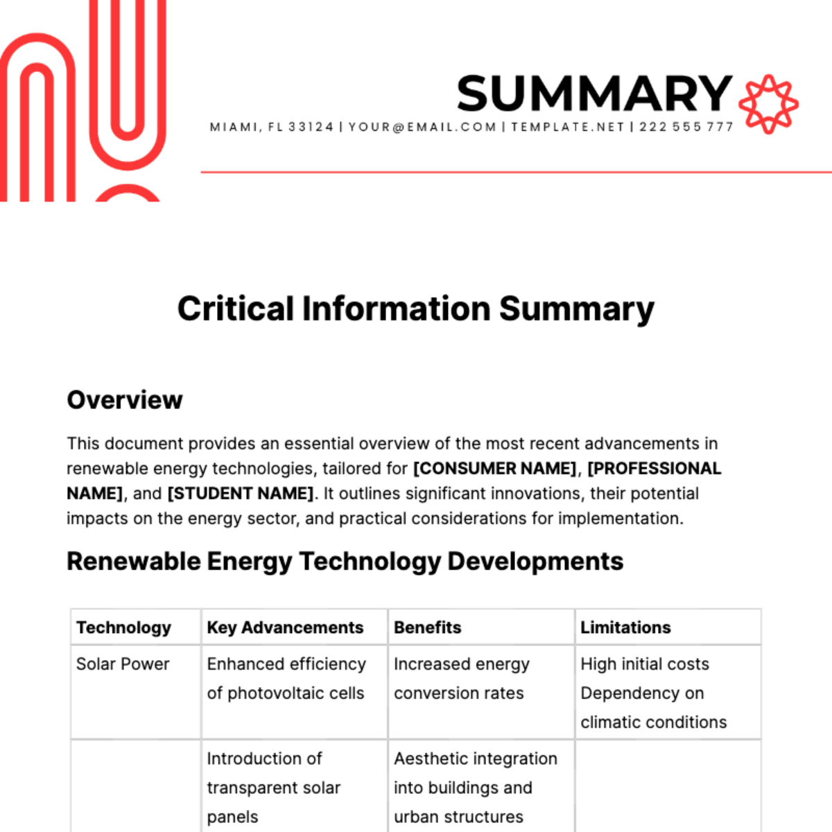 Critical Information Summary Template