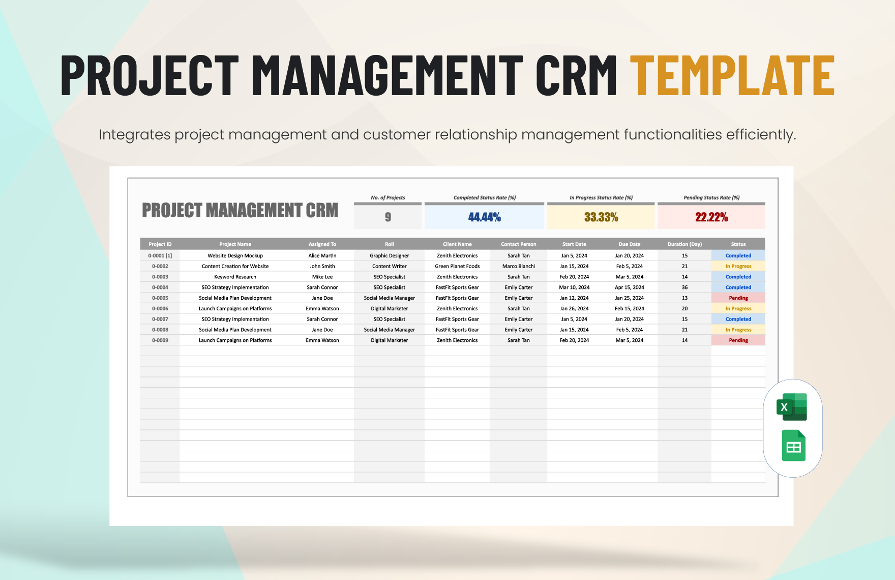 Project Management CRM Template in Excel, Google Sheets
