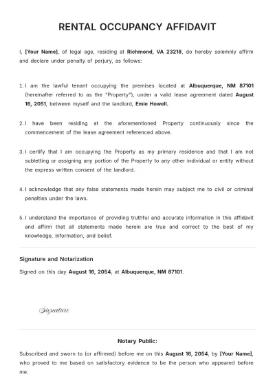 Free Rental Occupancy Affidavit Template to Edit Online
