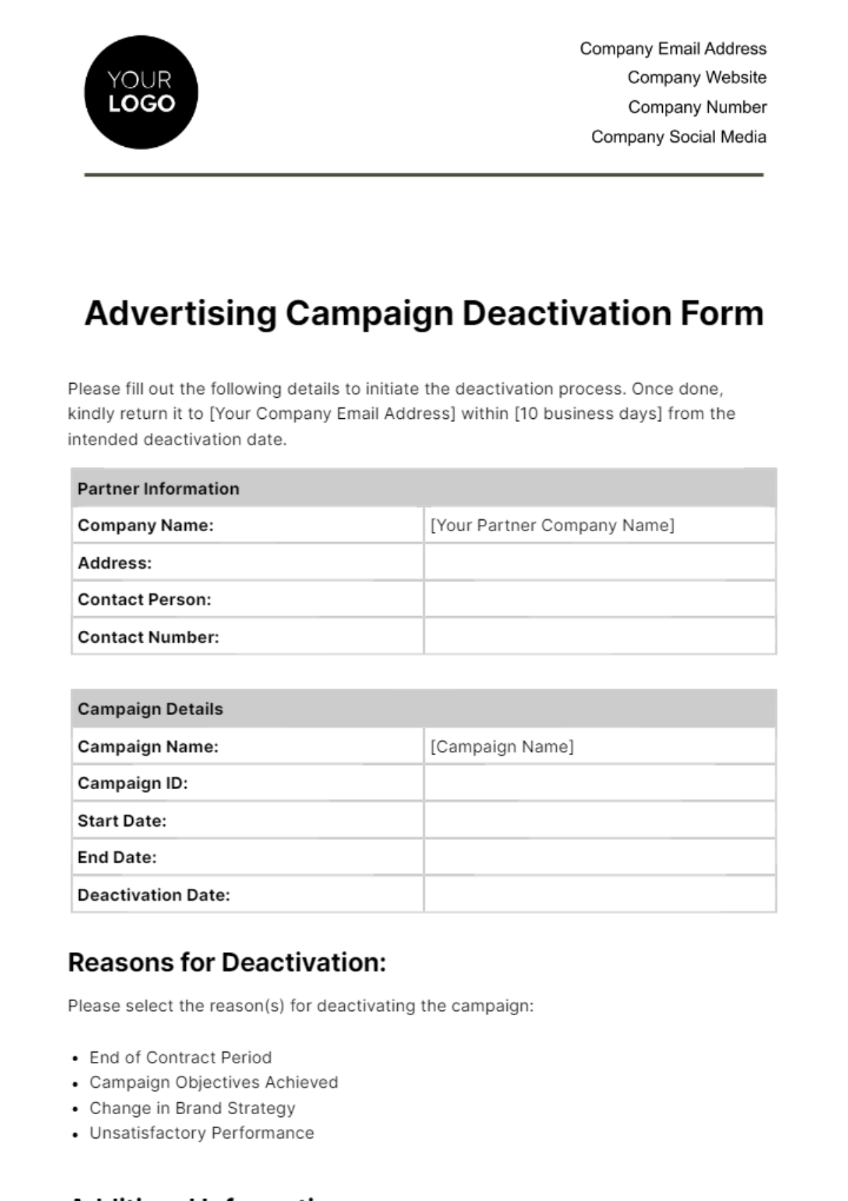 Free Advertising Campaign Deactivation Form Template