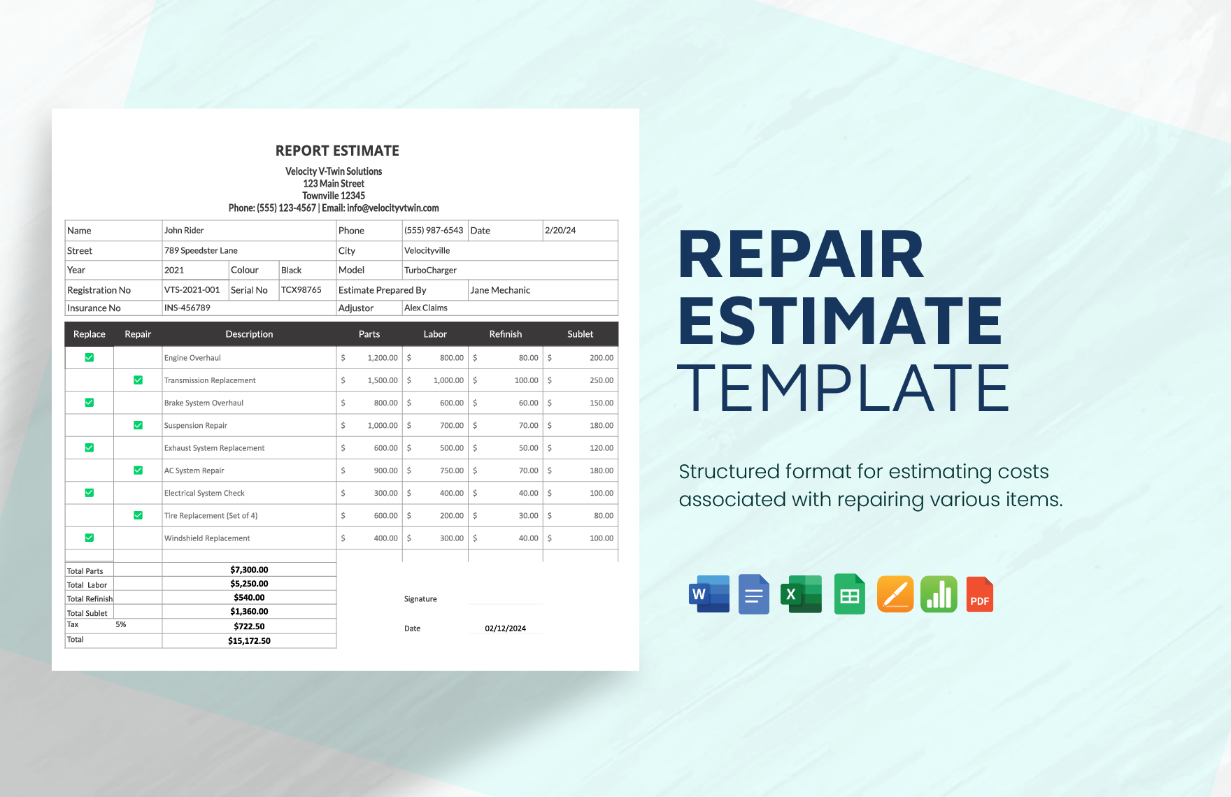 Repair Estimate Template in Word, Google Docs, Excel, PDF, Google Sheets, Apple Pages, Apple Numbers
