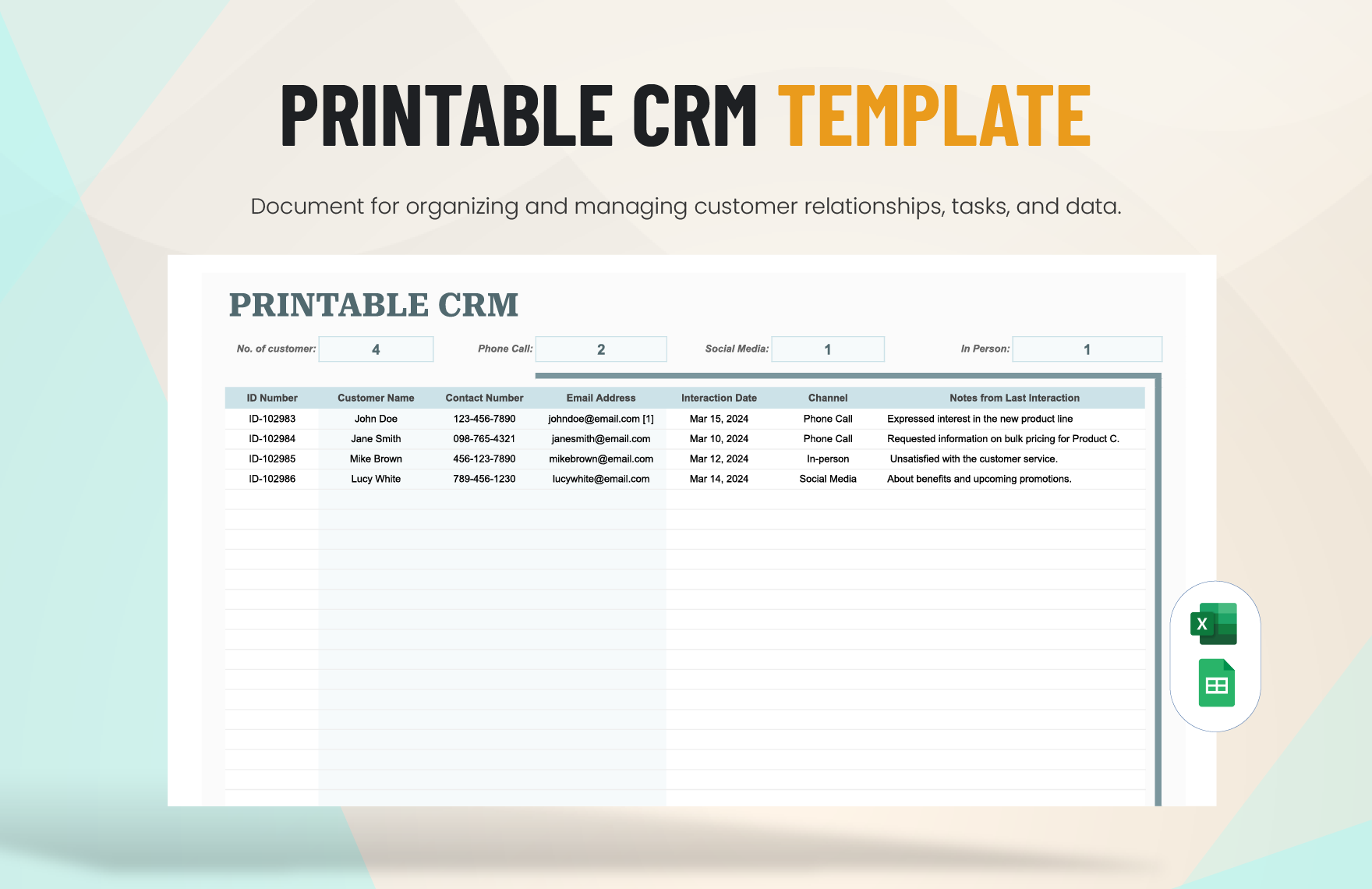 Printable CRM Template in Excel, Google Sheets